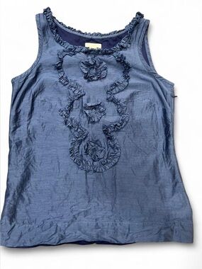 Women’s Cotton/Silk Blend Navy Ruffle Floral Trim Tank Top